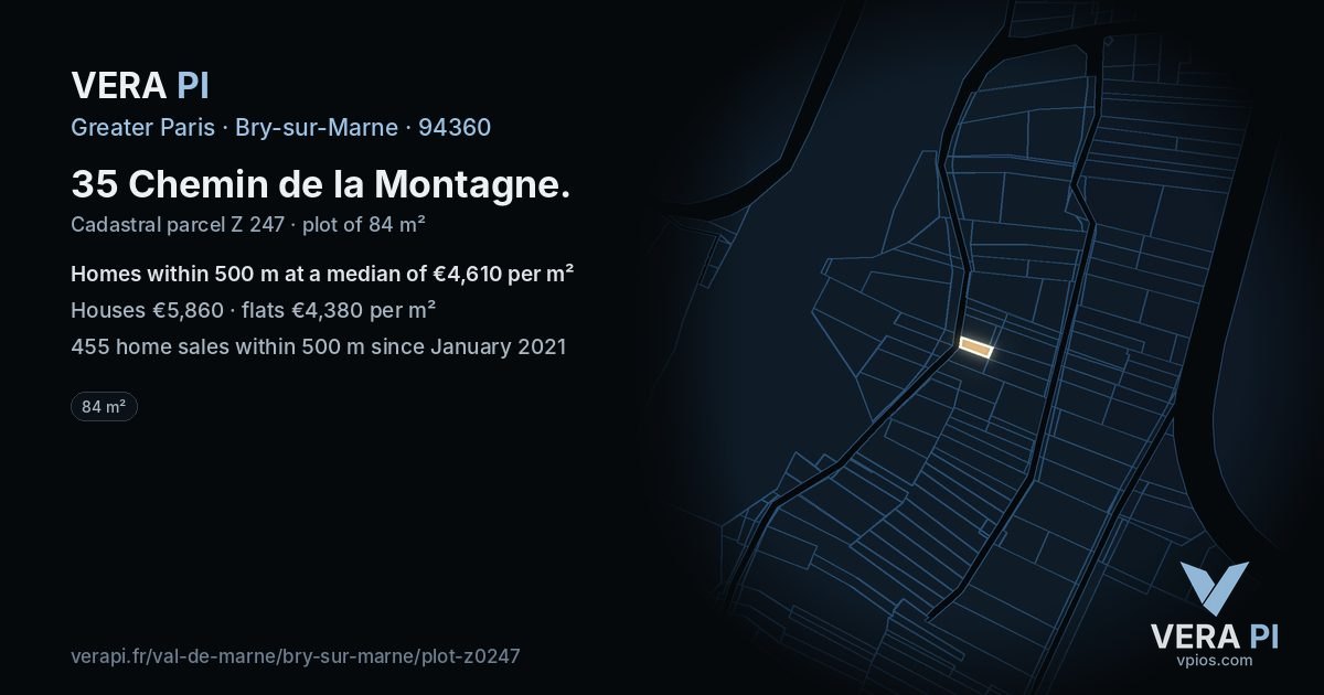 35 Chemin de la Montagne, Bry-sur-Marne at night – the plot lit, the parcels around coloured by the prices near them