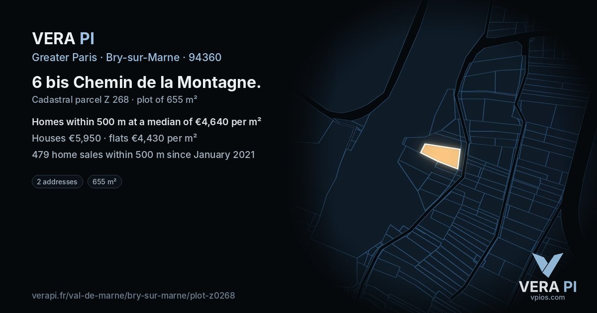 6 bis Chemin de la Montagne, Bry-sur-Marne at night – the plot lit, the parcels around coloured by the prices near them