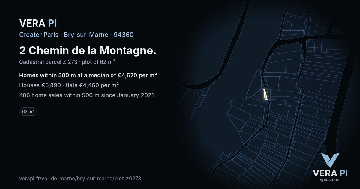 2 Chemin de la Montagne, Bry-sur-Marne at night – the plot lit, the parcels around coloured by the prices near them