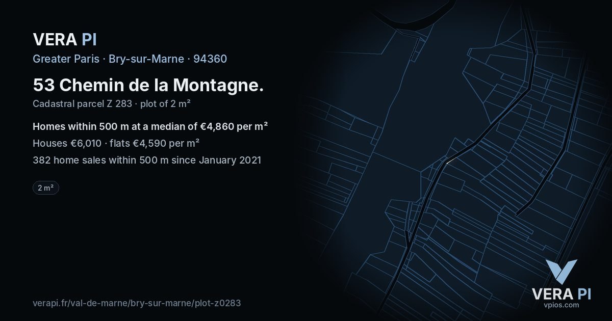 53 Chemin de la Montagne, Bry-sur-Marne at night – the plot lit, the parcels around coloured by the prices near them