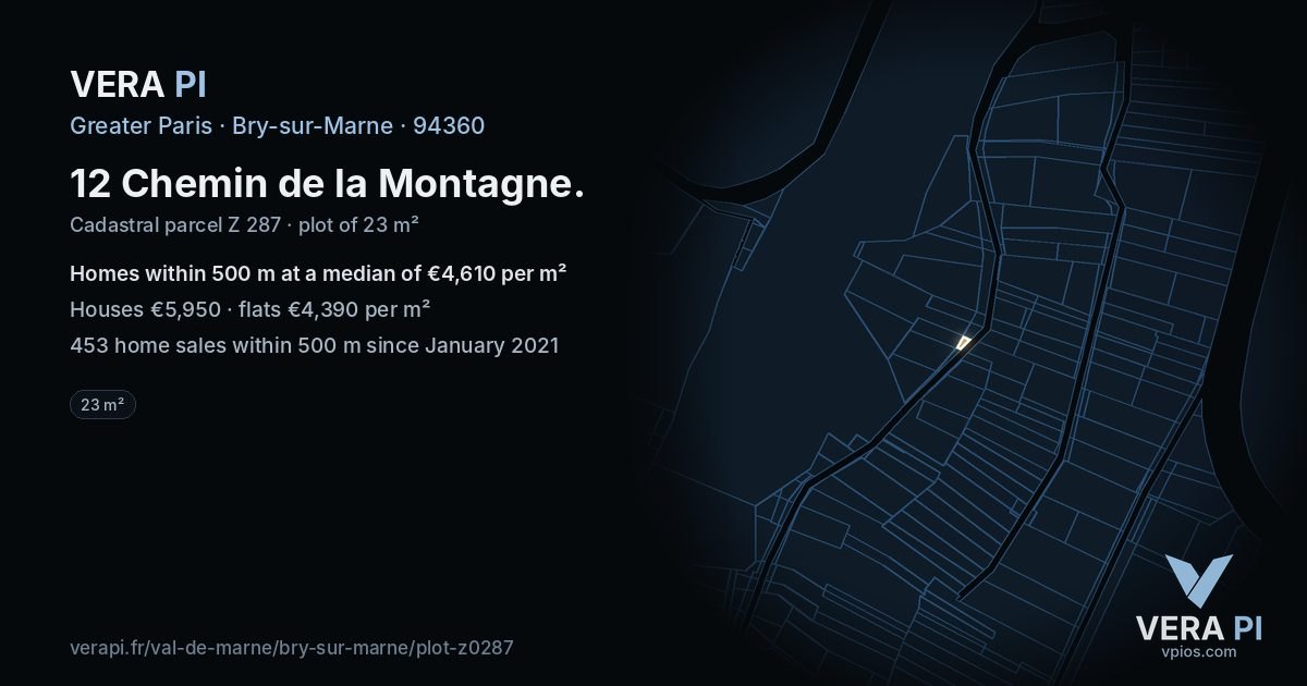 12 Chemin de la Montagne, Bry-sur-Marne at night – the plot lit, the parcels around coloured by the prices near them