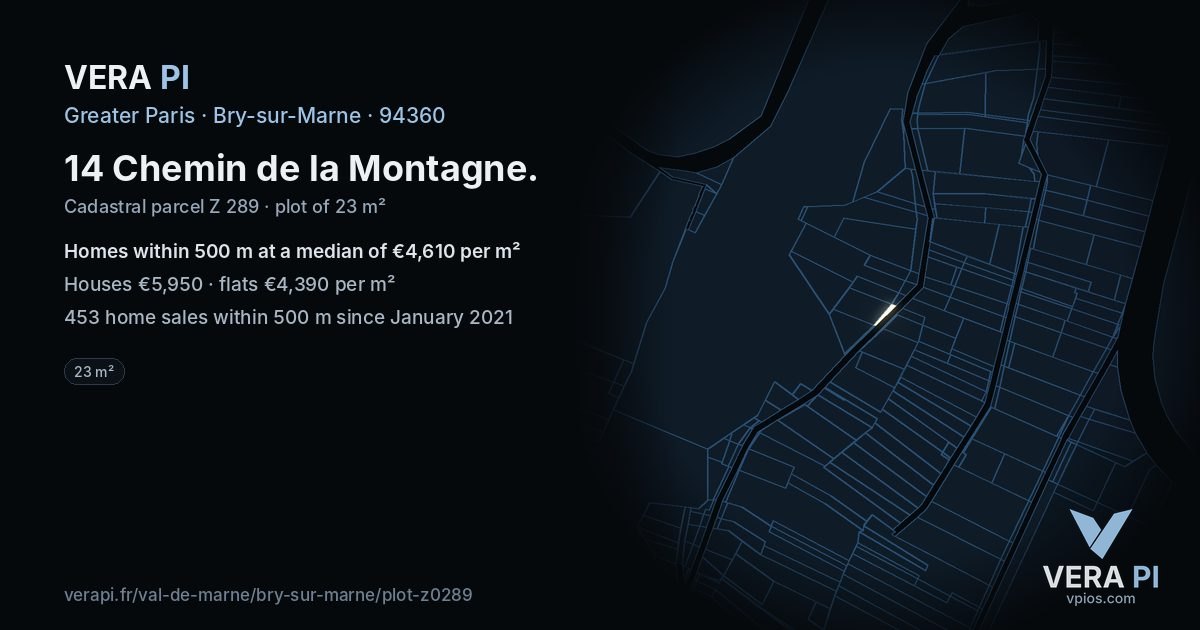14 Chemin de la Montagne, Bry-sur-Marne at night – the plot lit, the parcels around coloured by the prices near them