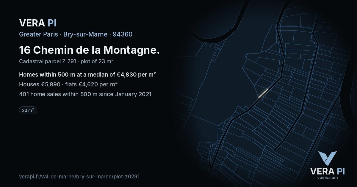 16 Chemin de la Montagne, Bry-sur-Marne at night – the plot lit, the parcels around coloured by the prices near them