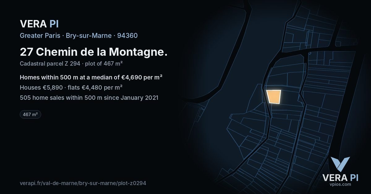 27 Chemin de la Montagne, Bry-sur-Marne at night – the plot lit, the parcels around coloured by the prices near them