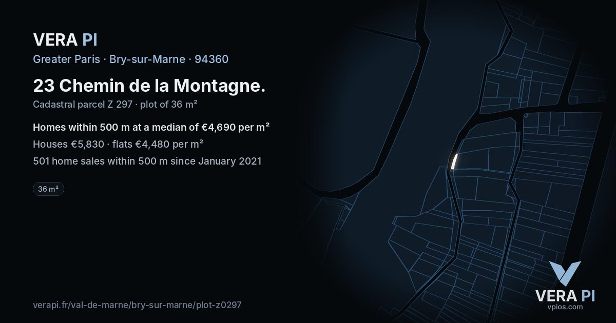 23 Chemin de la Montagne, Bry-sur-Marne at night – the plot lit, the parcels around coloured by the prices near them