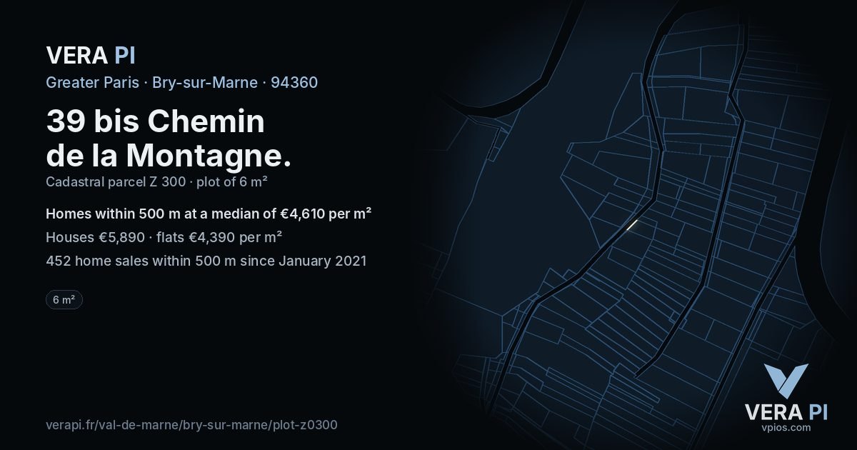 39 bis Chemin de la Montagne, Bry-sur-Marne at night – the plot lit, the parcels around coloured by the prices near them