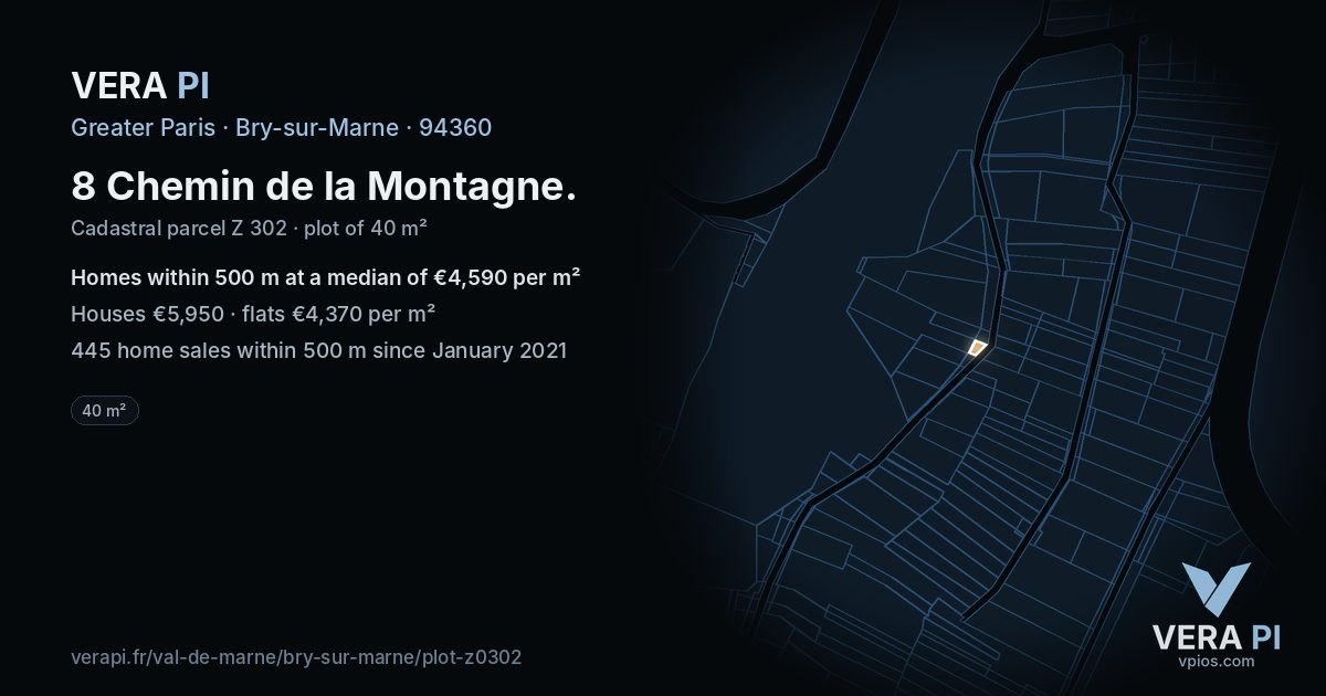 8 Chemin de la Montagne, Bry-sur-Marne at night – the plot lit, the parcels around coloured by the prices near them
