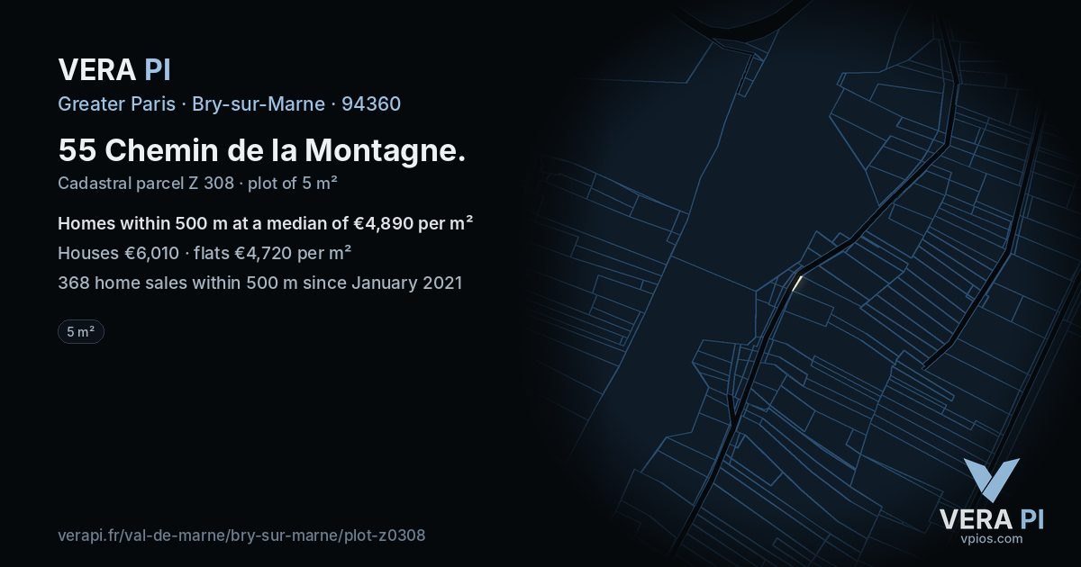 55 Chemin de la Montagne, Bry-sur-Marne at night – the plot lit, the parcels around coloured by the prices near them