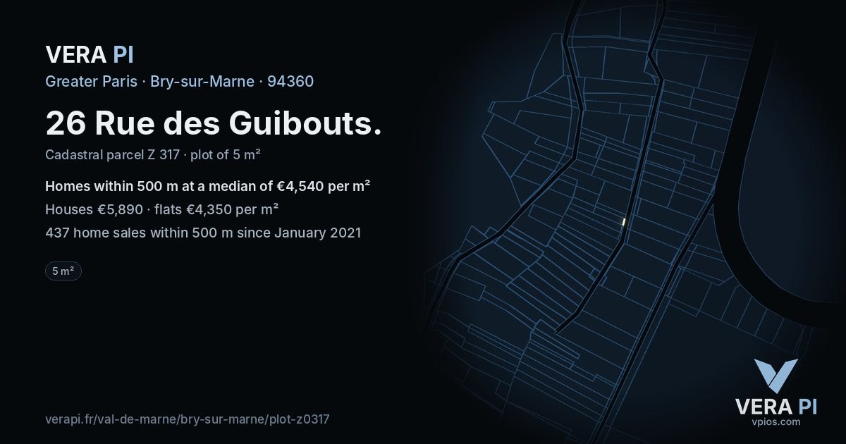 26 Rue des Guibouts, Bry-sur-Marne at night – the plot lit, the parcels around coloured by the prices near them