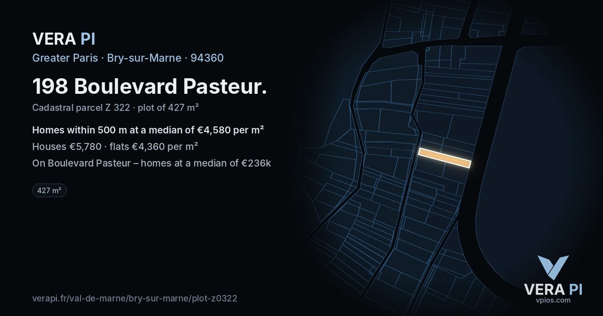 198 Boulevard Pasteur, Bry-sur-Marne at night – the plot lit, the parcels around coloured by the prices near them
