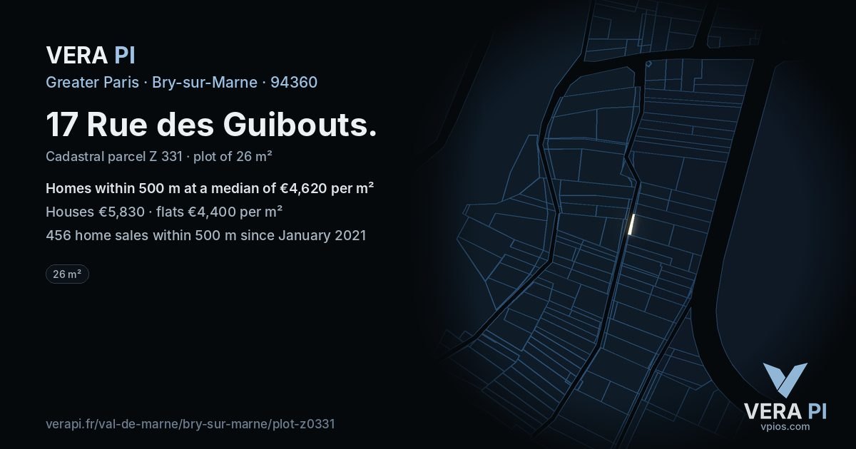 17 Rue des Guibouts, Bry-sur-Marne at night – the plot lit, the parcels around coloured by the prices near them