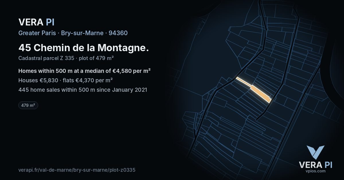 45 Chemin de la Montagne, Bry-sur-Marne at night – the plot lit, the parcels around coloured by the prices near them