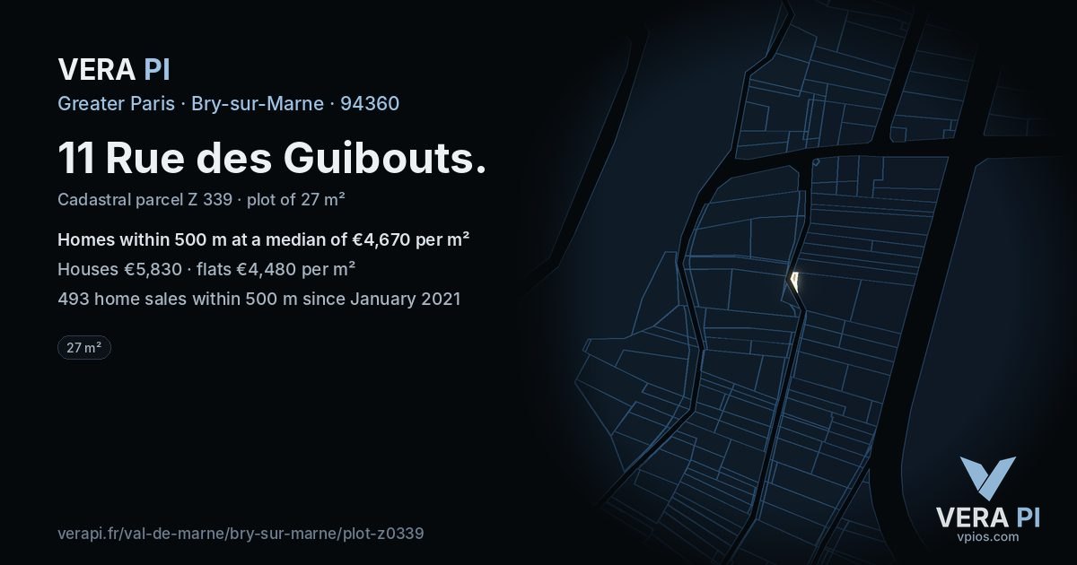11 Rue des Guibouts, Bry-sur-Marne at night – the plot lit, the parcels around coloured by the prices near them