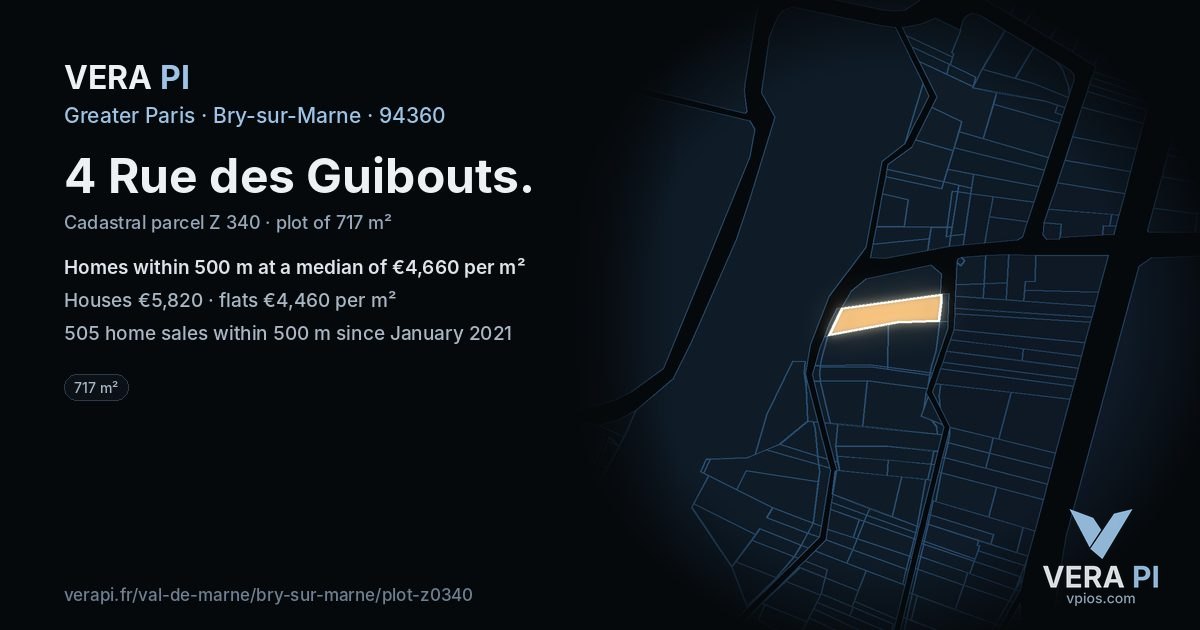 4 Rue des Guibouts, Bry-sur-Marne at night – the plot lit, the parcels around coloured by the prices near them