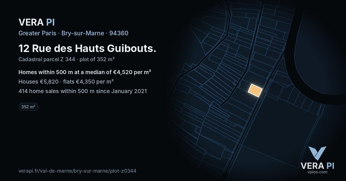12 Rue des Hauts Guibouts, Bry-sur-Marne at night – the plot lit, the parcels around coloured by the prices near them