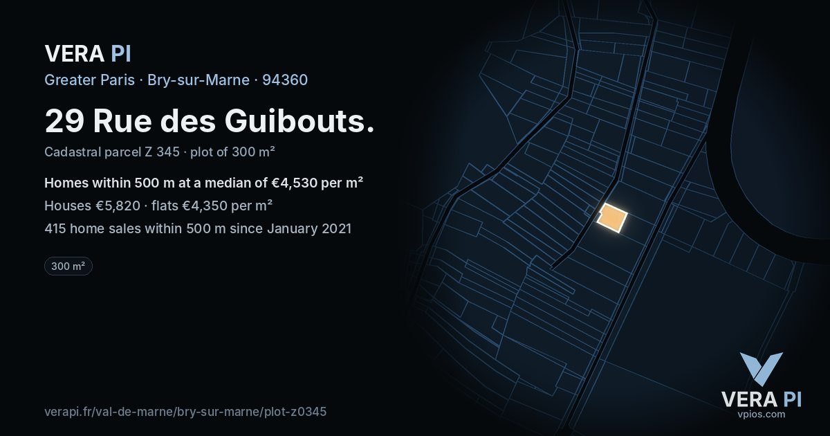 29 Rue des Guibouts, Bry-sur-Marne at night – the plot lit, the parcels around coloured by the prices near them