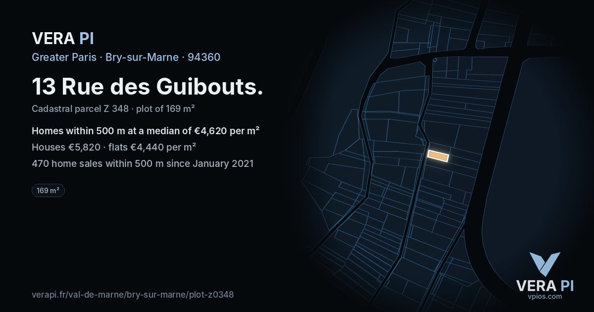 13 Rue des Guibouts, Bry-sur-Marne at night – the plot lit, the parcels around coloured by the prices near them