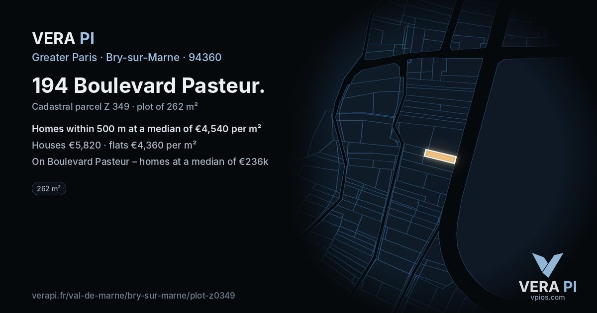 194 Boulevard Pasteur, Bry-sur-Marne at night – the plot lit, the parcels around coloured by the prices near them