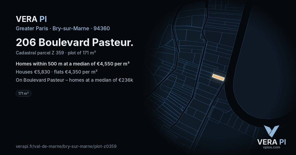 206 Boulevard Pasteur, Bry-sur-Marne at night – the plot lit, the parcels around coloured by the prices near them