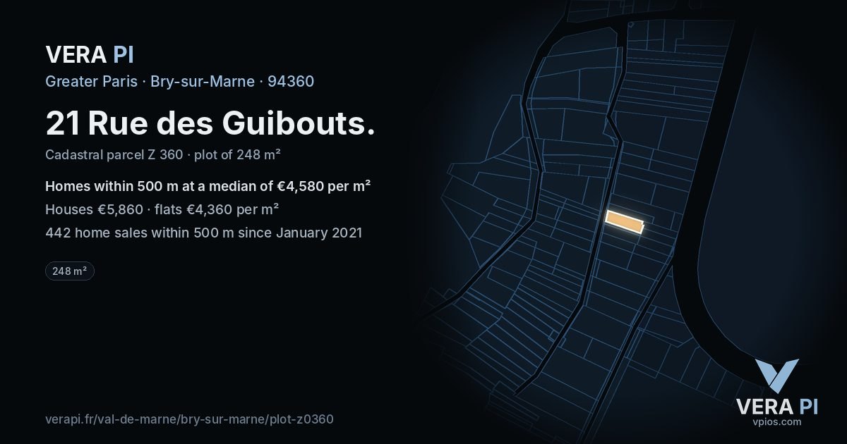 21 Rue des Guibouts, Bry-sur-Marne at night – the plot lit, the parcels around coloured by the prices near them