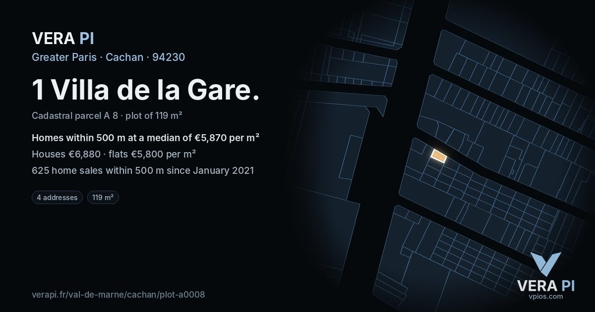 1 Villa de la Gare, Cachan at night – the plot lit, the parcels around coloured by the prices near them