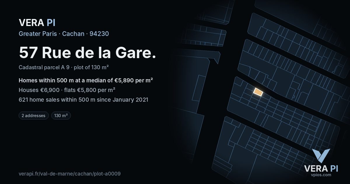 57 Rue de la Gare, Cachan at night – the plot lit, the parcels around coloured by the prices near them