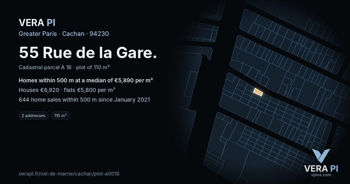 55 Rue de la Gare, Cachan at night – the plot lit, the parcels around coloured by the prices near them