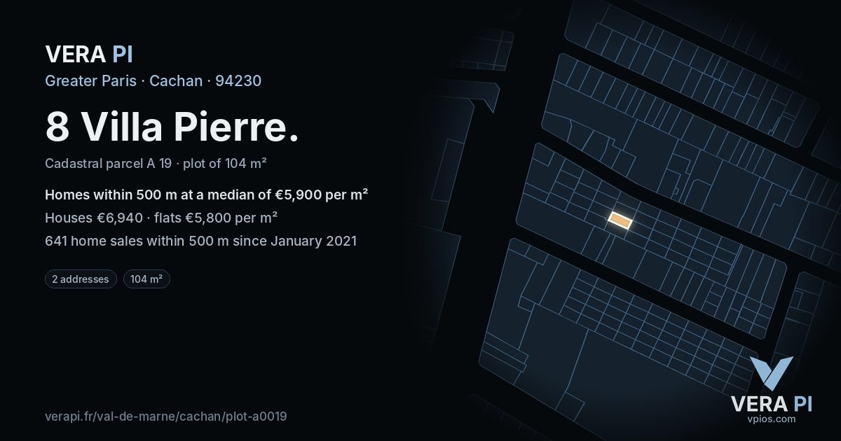 8 Villa Pierre, Cachan at night – the plot lit, the parcels around coloured by the prices near them