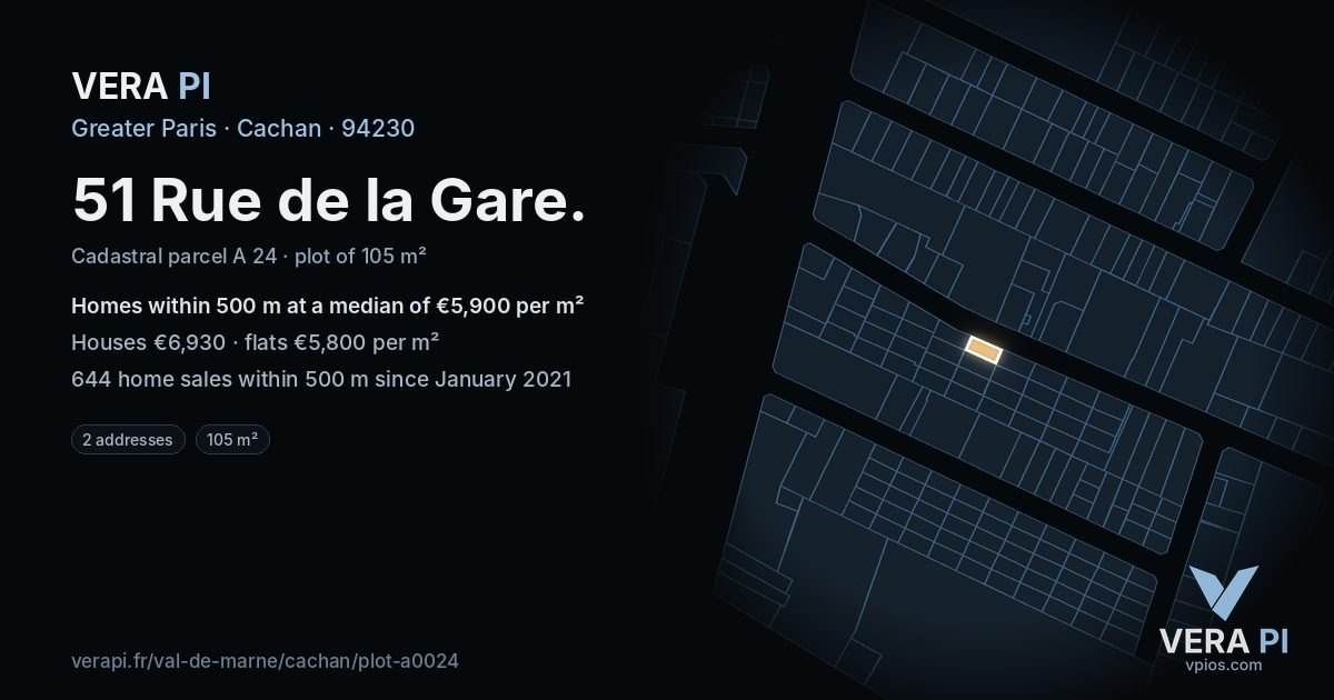 51 Rue de la Gare, Cachan at night – the plot lit, the parcels around coloured by the prices near them
