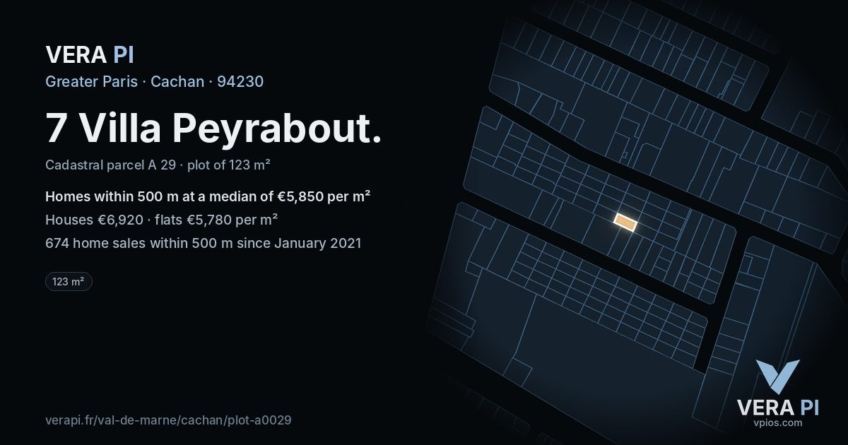 7 Villa Peyrabout, Cachan at night – the plot lit, the parcels around coloured by the prices near them