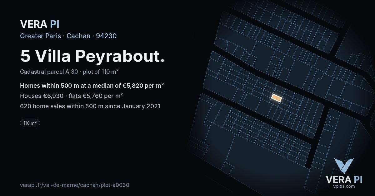 5 Villa Peyrabout, Cachan at night – the plot lit, the parcels around coloured by the prices near them