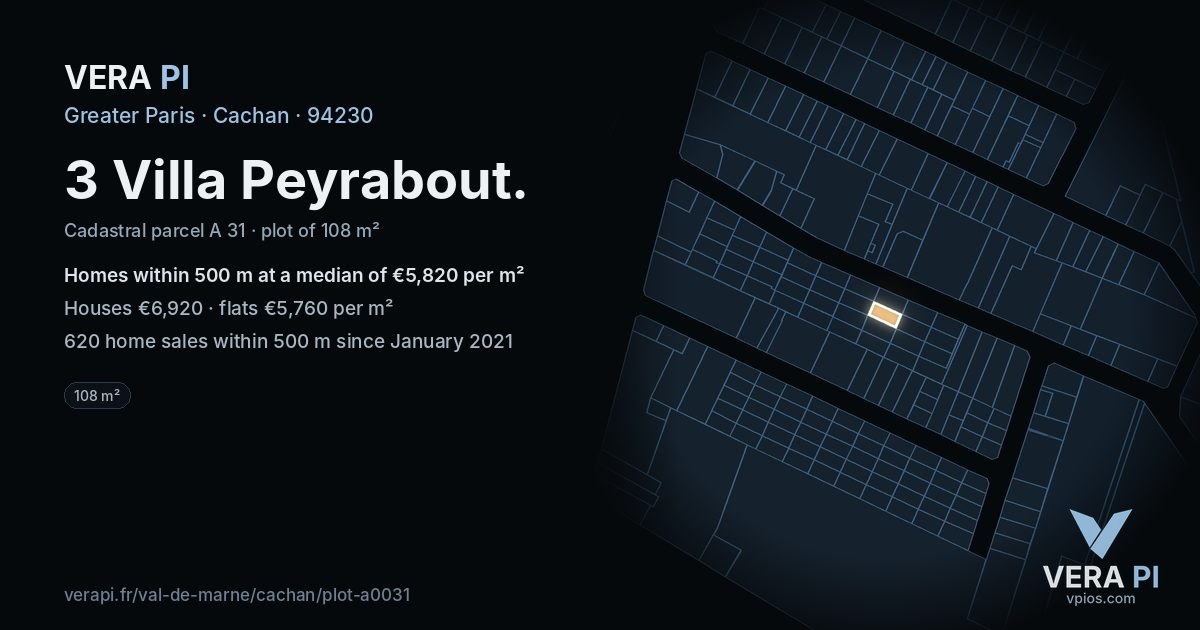 3 Villa Peyrabout, Cachan at night – the plot lit, the parcels around coloured by the prices near them