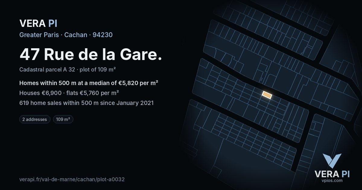 47 Rue de la Gare, Cachan at night – the plot lit, the parcels around coloured by the prices near them