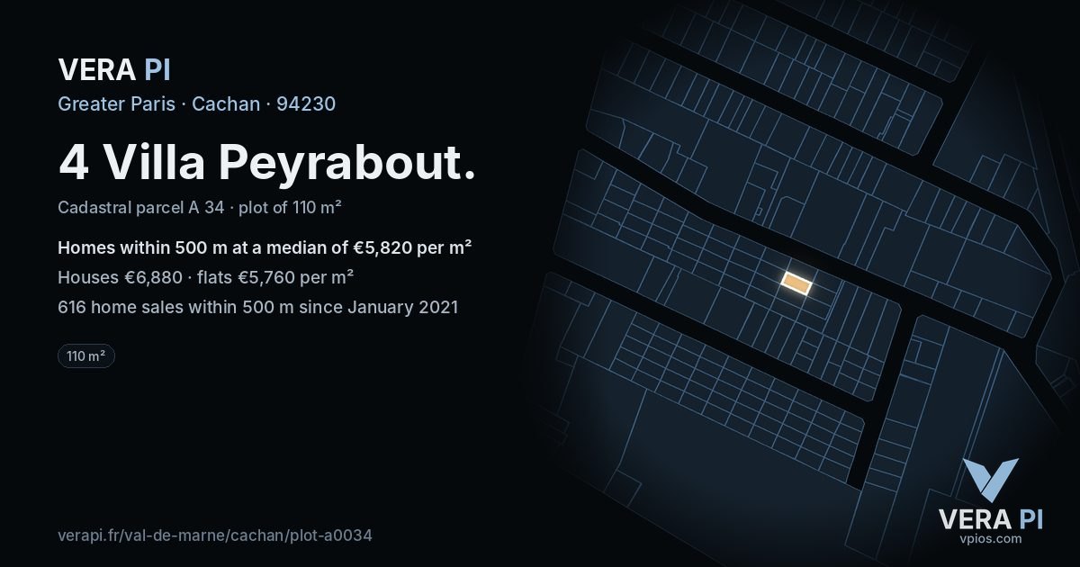 4 Villa Peyrabout, Cachan at night – the plot lit, the parcels around coloured by the prices near them