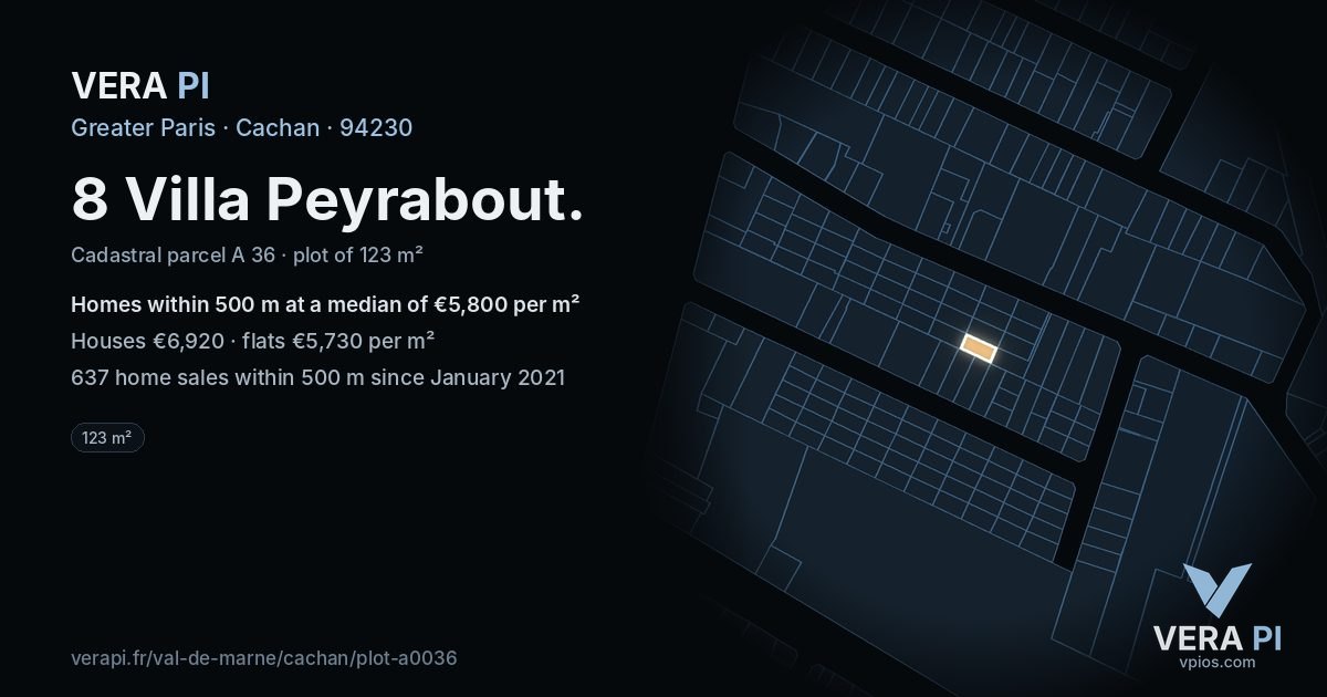 8 Villa Peyrabout, Cachan at night – the plot lit, the parcels around coloured by the prices near them