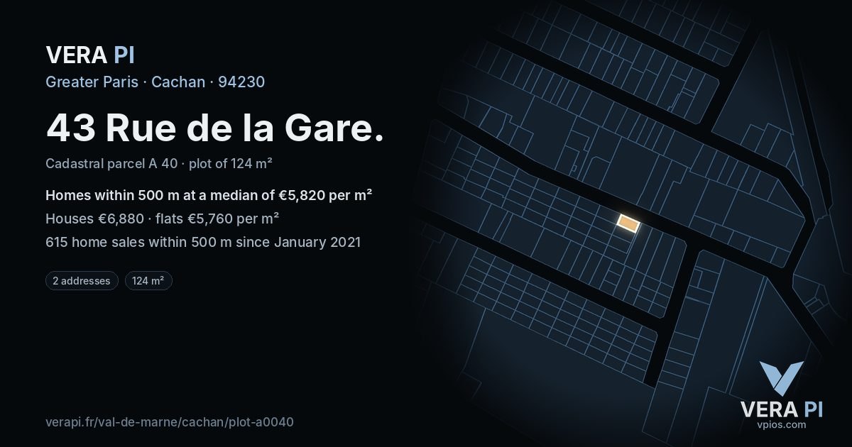 43 Rue de la Gare, Cachan at night – the plot lit, the parcels around coloured by the prices near them