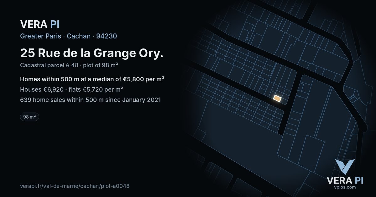 25 Rue de la Grange Ory, Cachan at night – the plot lit, the parcels around coloured by the prices near them