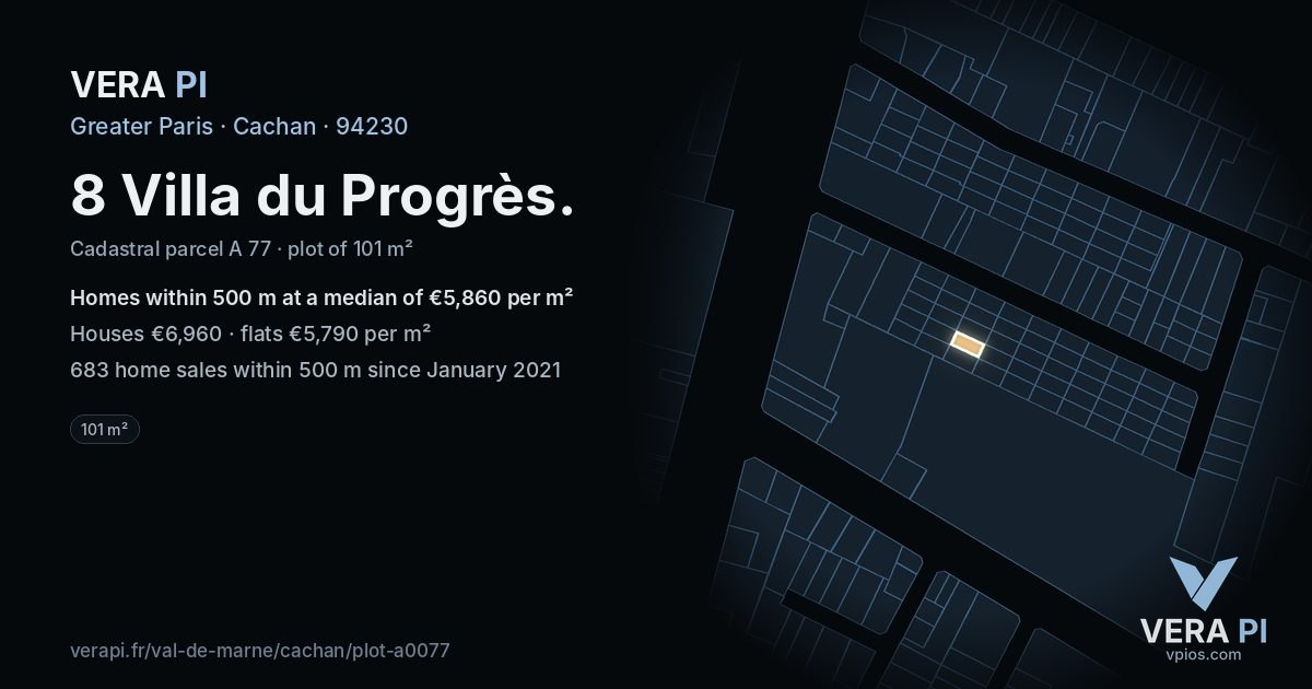 8 Villa du Progrès, Cachan at night – the plot lit, the parcels around coloured by the prices near them