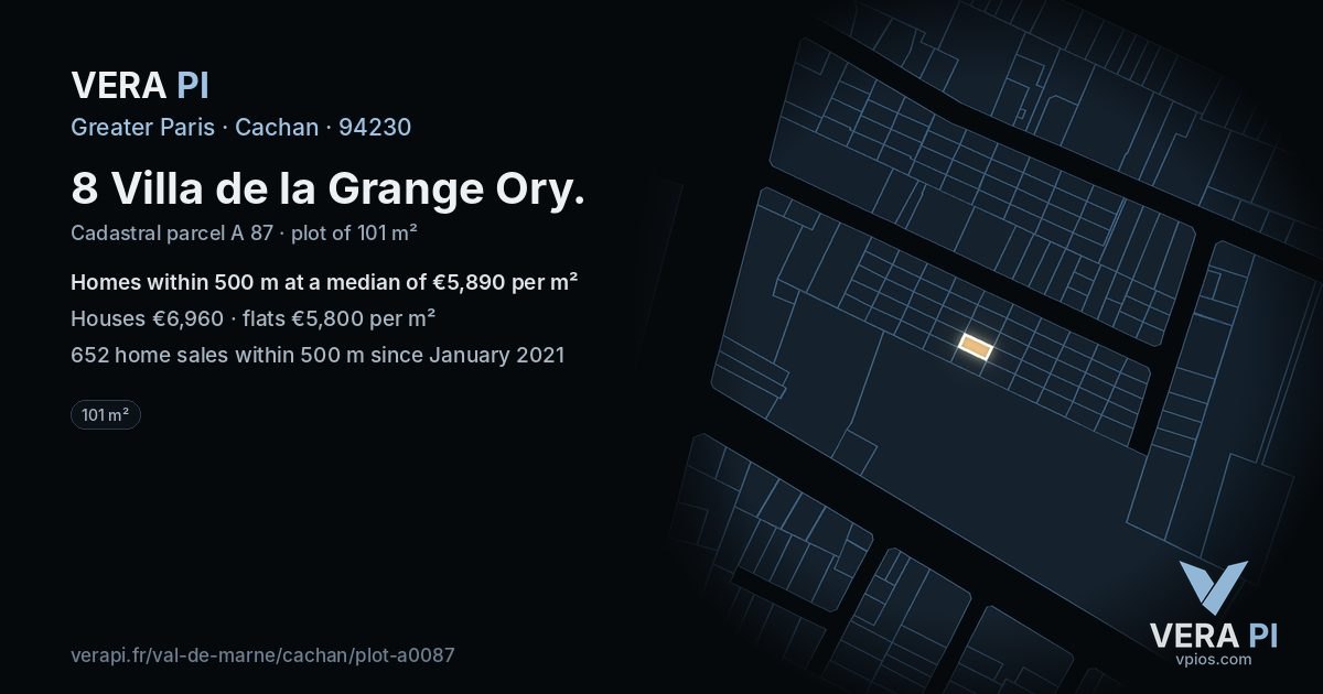 8 Villa de la Grange Ory, Cachan at night – the plot lit, the parcels around coloured by the prices near them