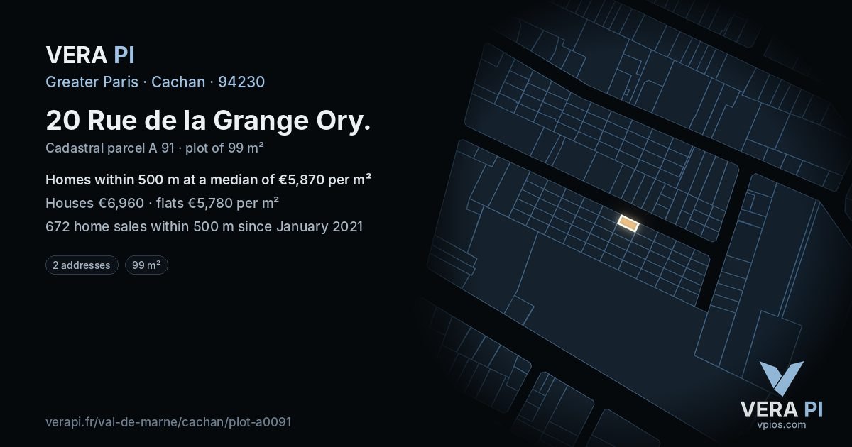 20 Rue de la Grange Ory, Cachan at night – the plot lit, the parcels around coloured by the prices near them