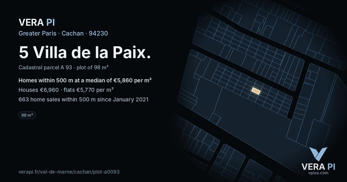 5 Villa de la Paix, Cachan at night – the plot lit, the parcels around coloured by the prices near them