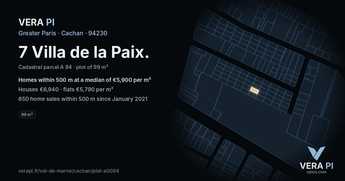 7 Villa de la Paix, Cachan at night – the plot lit, the parcels around coloured by the prices near them
