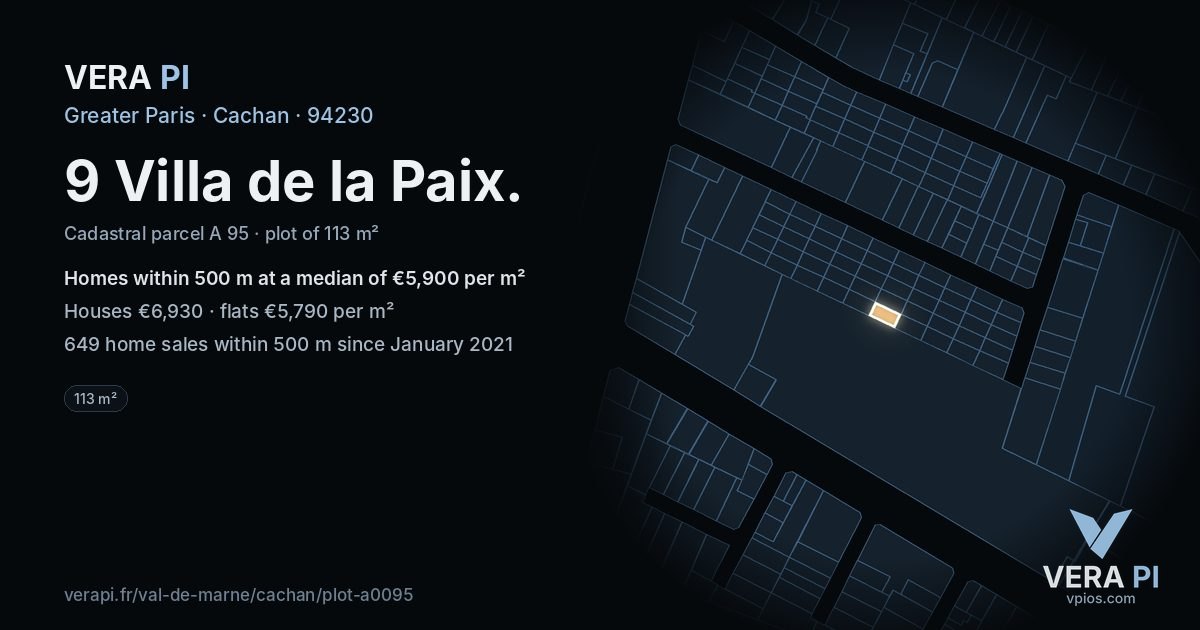 9 Villa de la Paix, Cachan at night – the plot lit, the parcels around coloured by the prices near them
