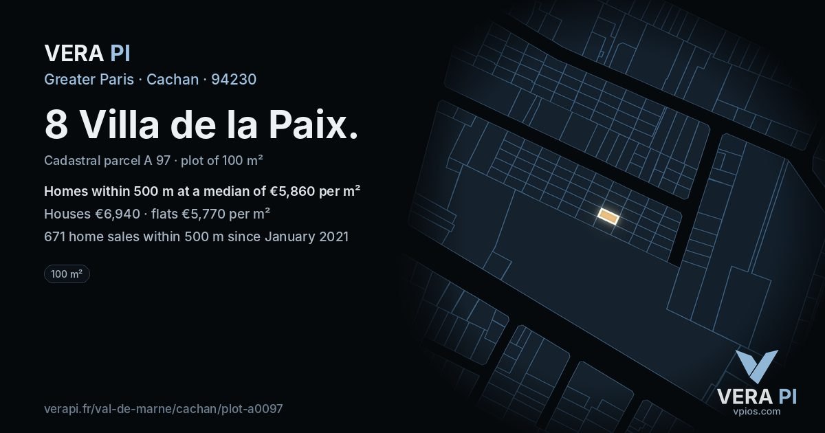 8 Villa de la Paix, Cachan at night – the plot lit, the parcels around coloured by the prices near them