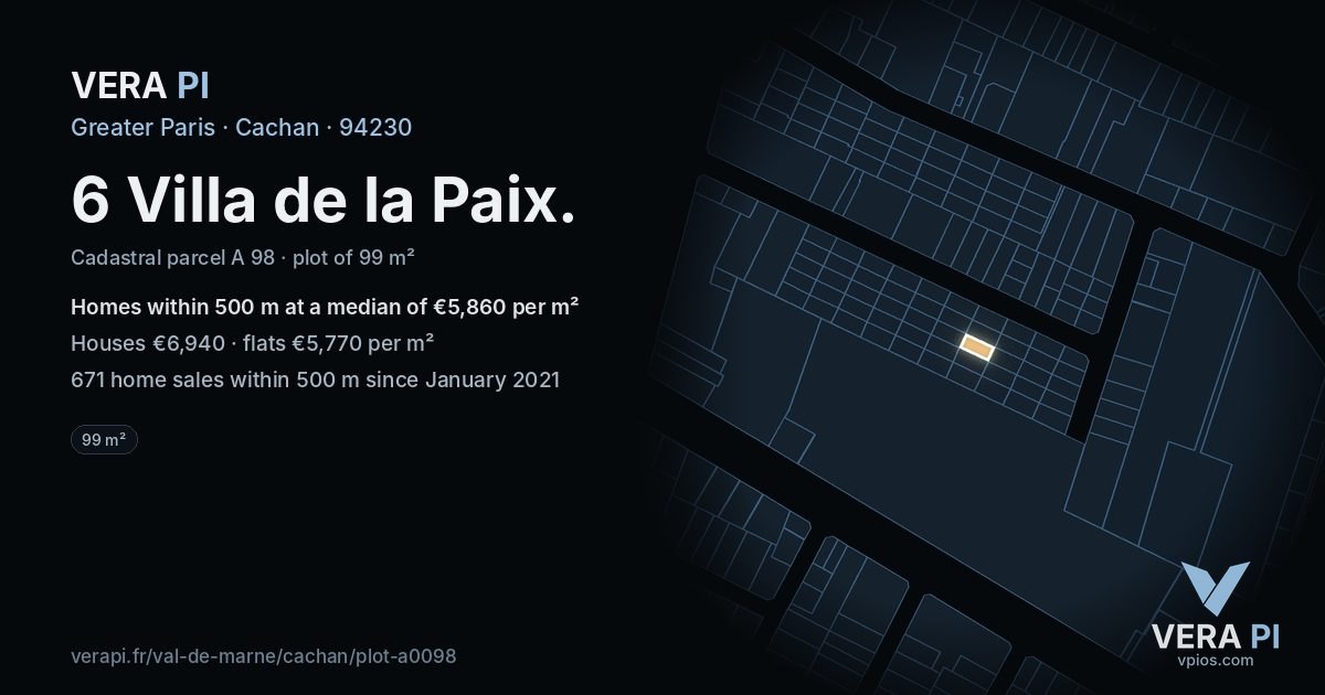 6 Villa de la Paix, Cachan at night – the plot lit, the parcels around coloured by the prices near them