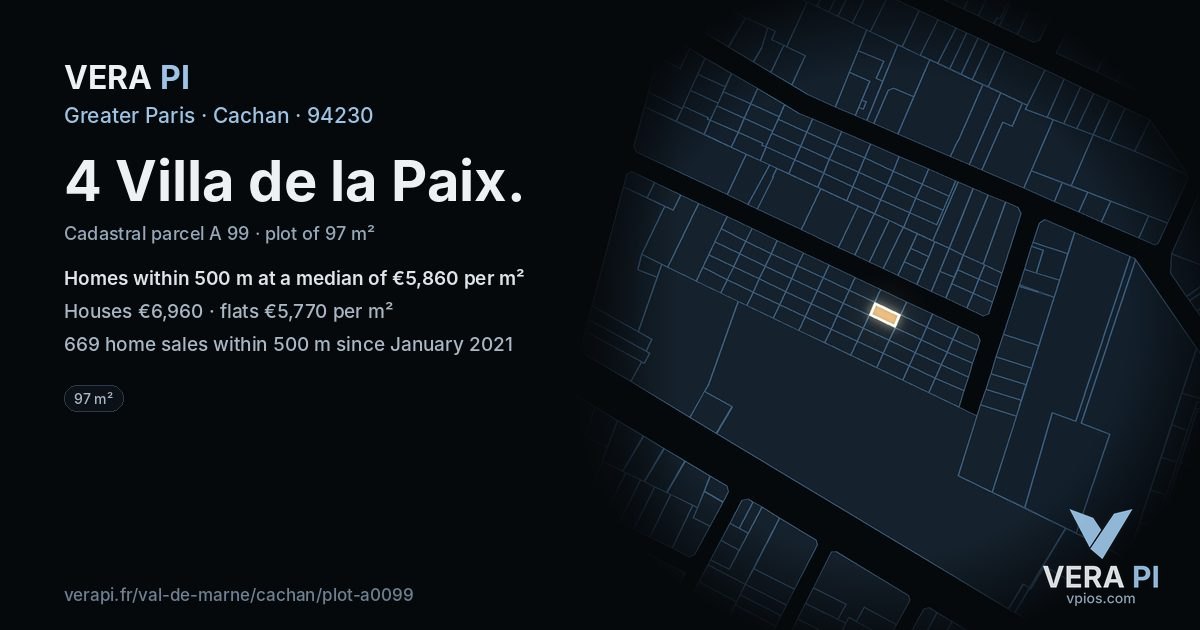 4 Villa de la Paix, Cachan at night – the plot lit, the parcels around coloured by the prices near them