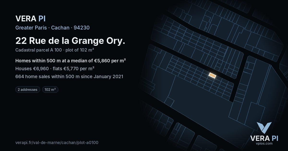 22 Rue de la Grange Ory, Cachan at night – the plot lit, the parcels around coloured by the prices near them