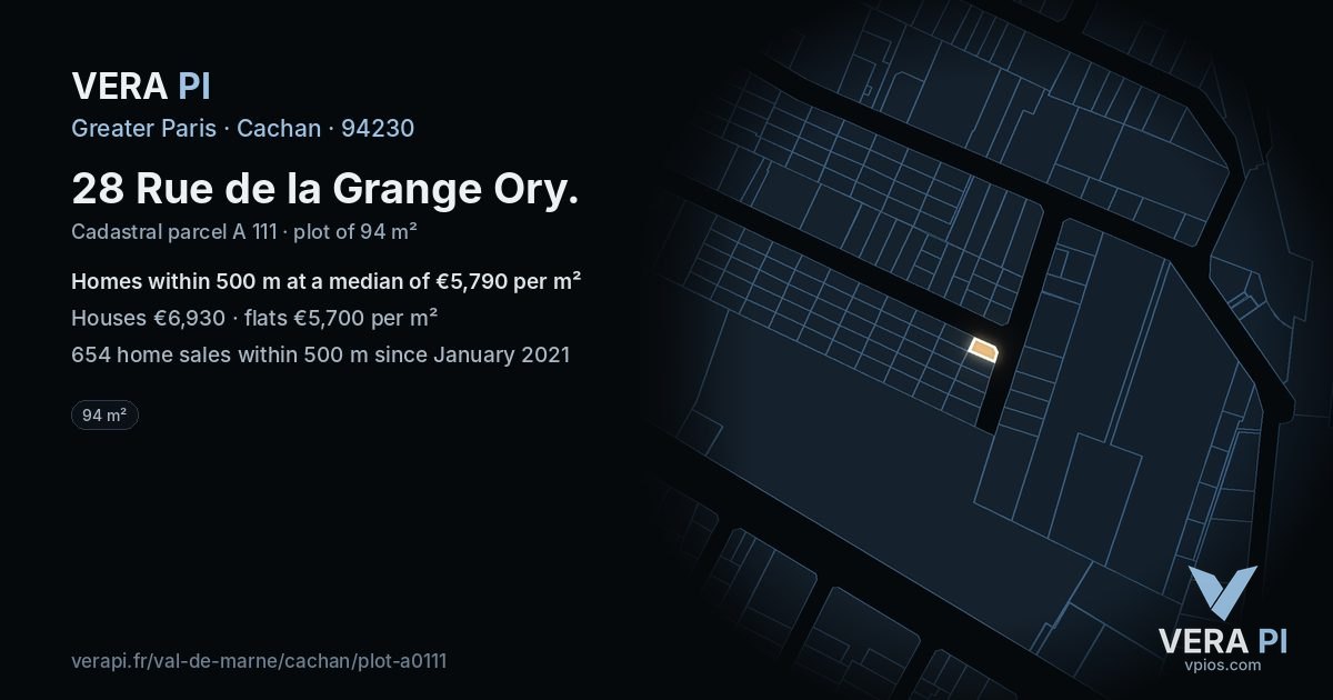 28 Rue de la Grange Ory, Cachan at night – the plot lit, the parcels around coloured by the prices near them