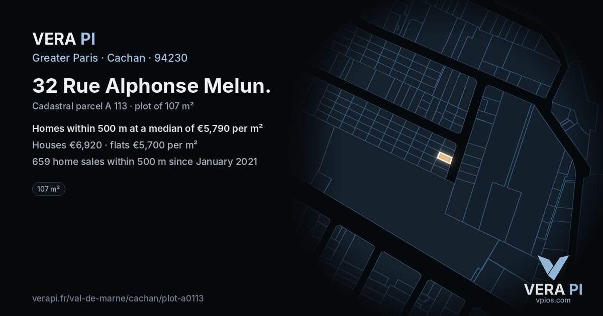 32 Rue Alphonse Melun, Cachan at night – the plot lit, the parcels around coloured by the prices near them