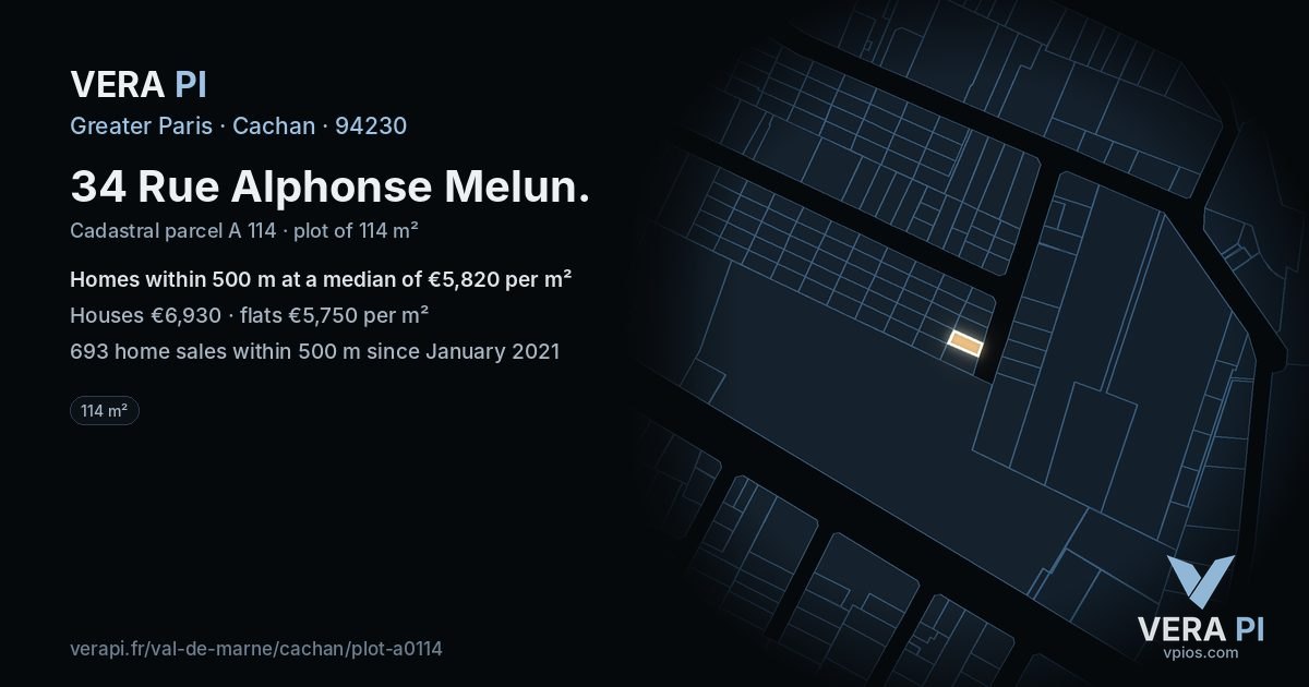 34 Rue Alphonse Melun, Cachan at night – the plot lit, the parcels around coloured by the prices near them